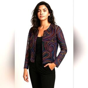 Chico's Sheer Sz 1 M Vtg Multicolor Ribbon Zip Jacket Boho Artwear Swirl Texture